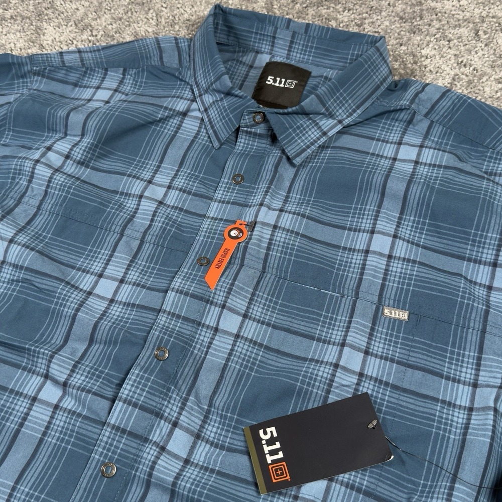 5.11 Tactical Wyatt Plaid Shirt Mens 2XL Blue Short Sleeve Snap Button NEW